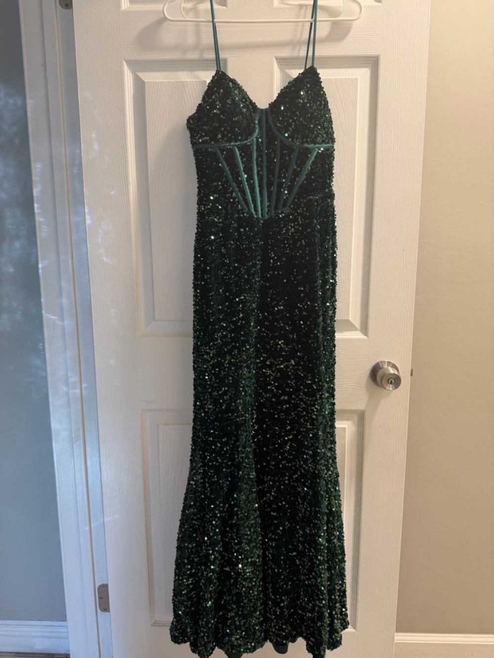 Crystal Doll Emerald Green Sequin Prom Dress